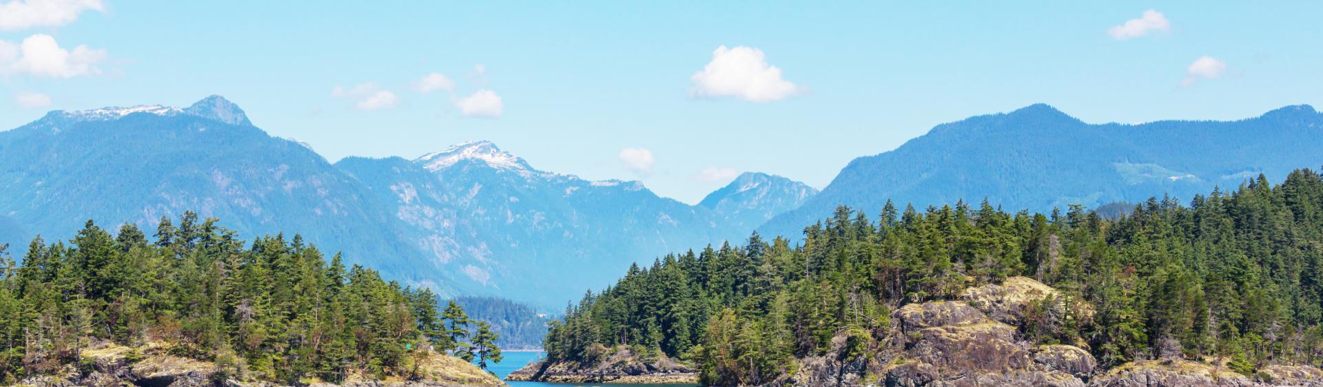 Sunny view of Vancouver Island with lush trees, mountains, and a clear blue sky.
