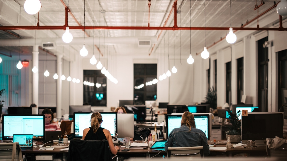 People working at desks in an office.