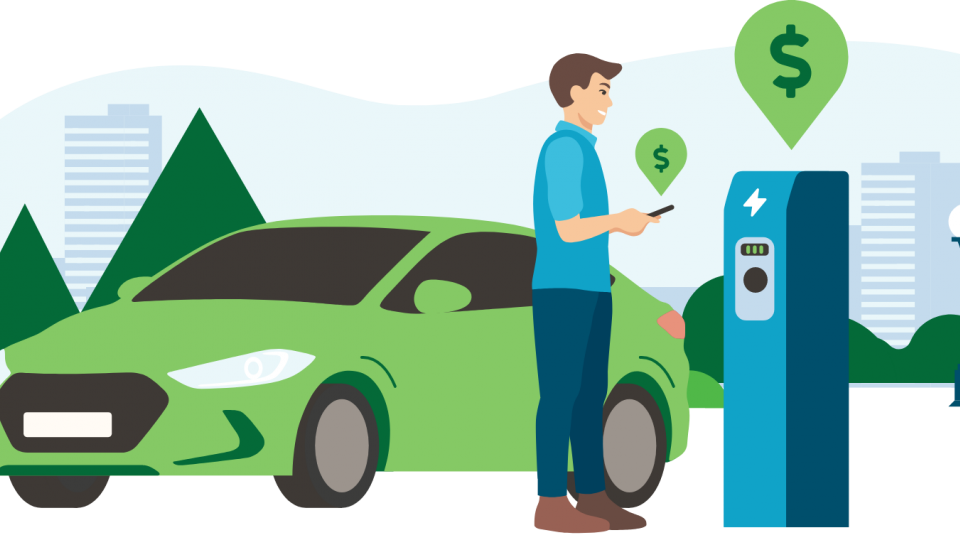 Cartoon man charging his electric vehicle.