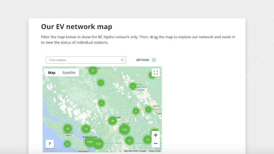 Fast charging map on the BC Hydro EV website.