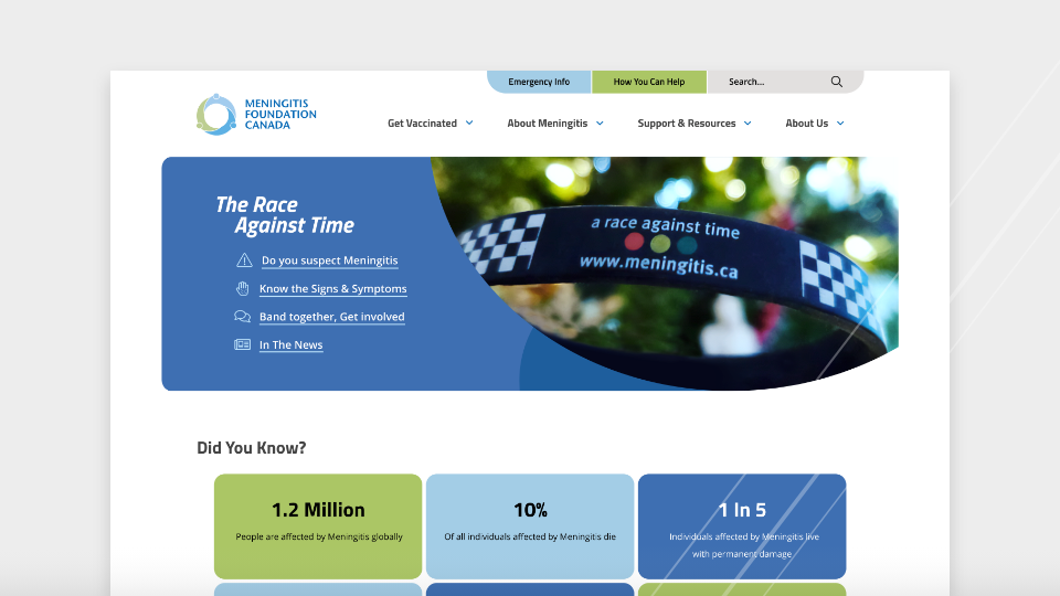 Screenshot of new Meningitis website.