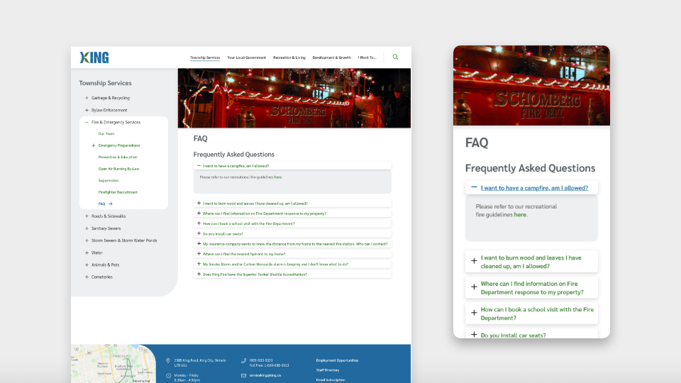 Screenshot of the King website FAQ page in mobile and desktop views.