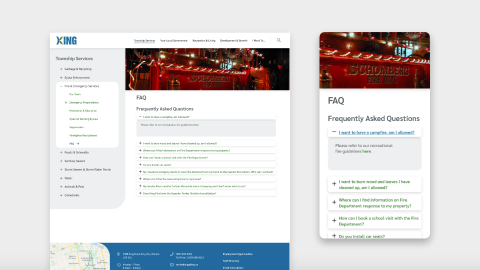 Screenshot of the King website FAQ page in mobile and desktop views. 