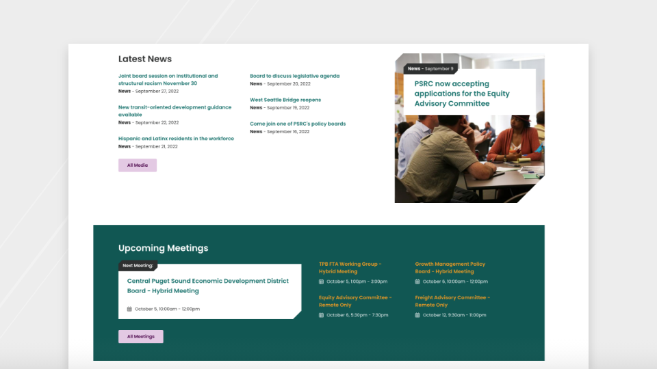 Screen shot of PSRC website homepage. 