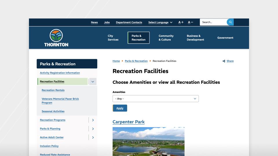 Recreation Facilities webpage, shown on Desktop