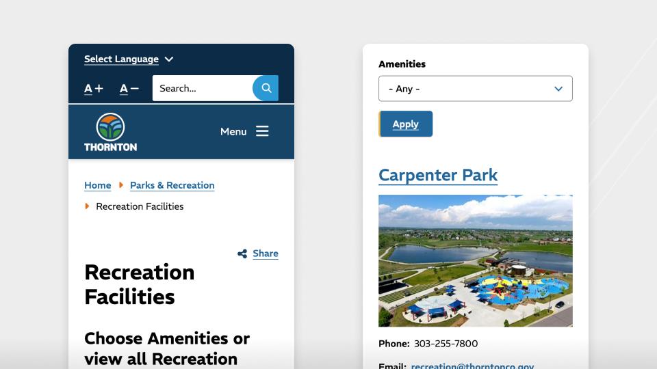 Recreation Facilities webpage, shown on Mobile