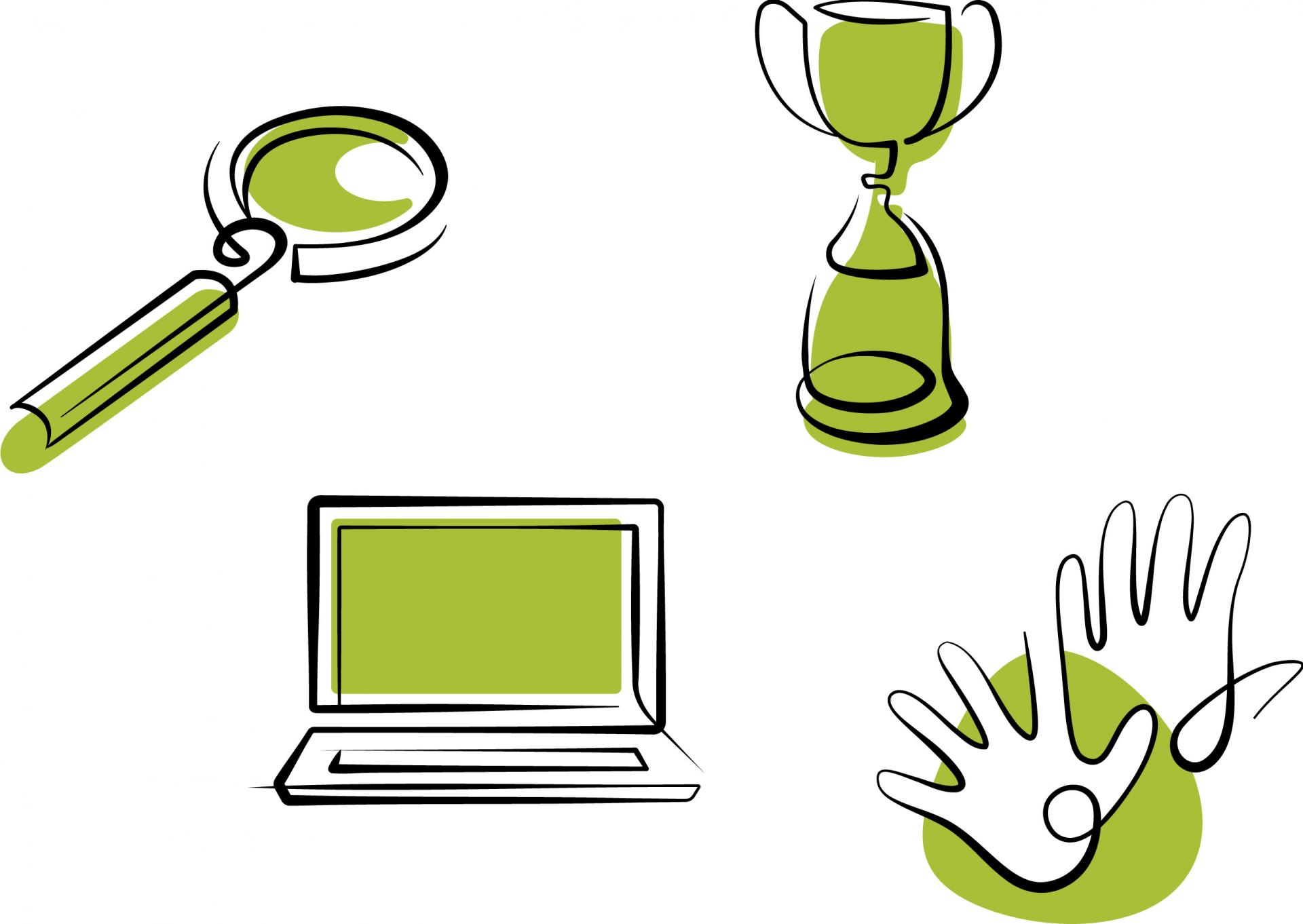 Graphic of magnifying glass, computer, trophy, and hands